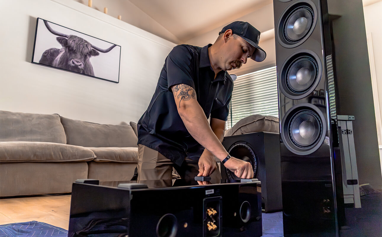 Home theater installation in Boise, Idaho featuring professional audio system setup, speaker calibration, and custom home entertainment installation by Wired Worx.